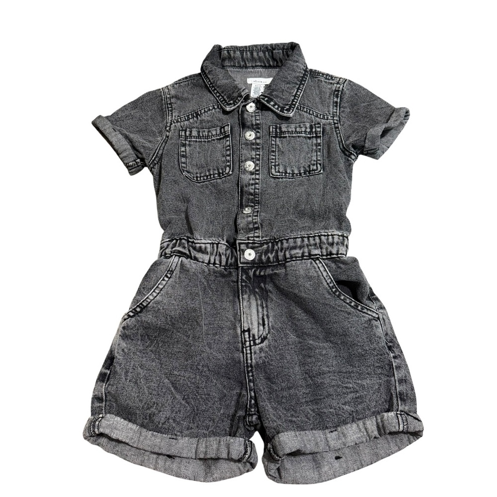 Olivia Kay Girls Short Sleeve Denim Romper | Acid Wash Black | Size Small (7)